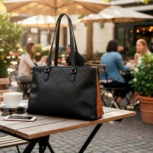 Loume Black Faux Leather Logo Tote Bag (16 x 6.6 x 11), Brand New with Tags!